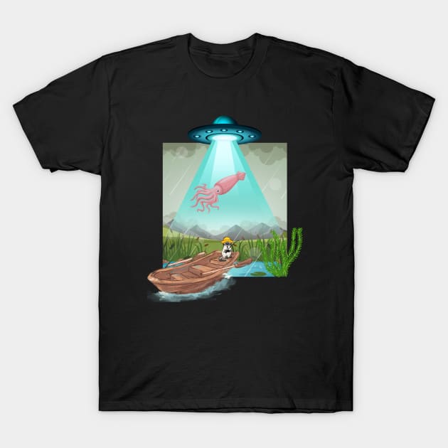 Catfish  alien abduction novelty design . Original artwork. One of a kind ufo cat fishing  squid gag gift 2023 T-Shirt by Flawless Designs